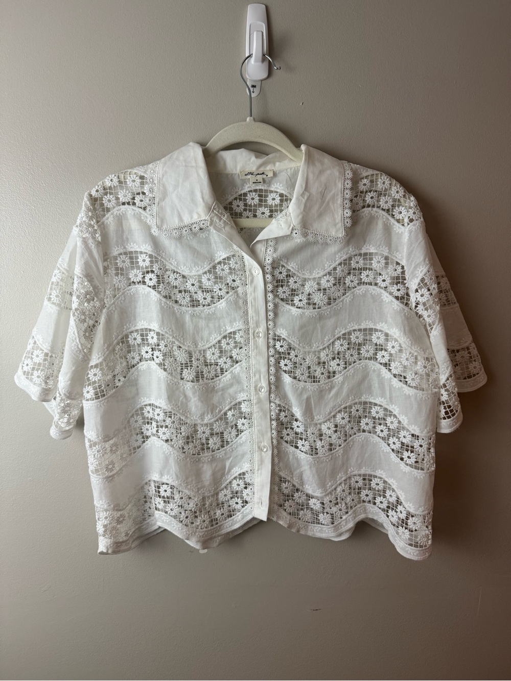 Ultra Pink White Lace Crochet Button-Front Top Medium Cottagecore Boho